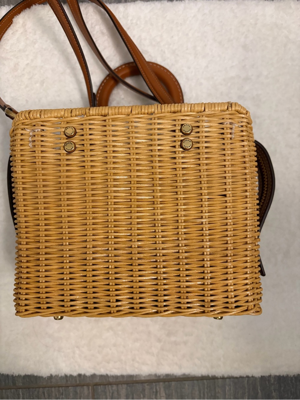 Coach Woven Rattan Tote with Brown Leather Handles and Gold Hardware - Picture 2 of 9